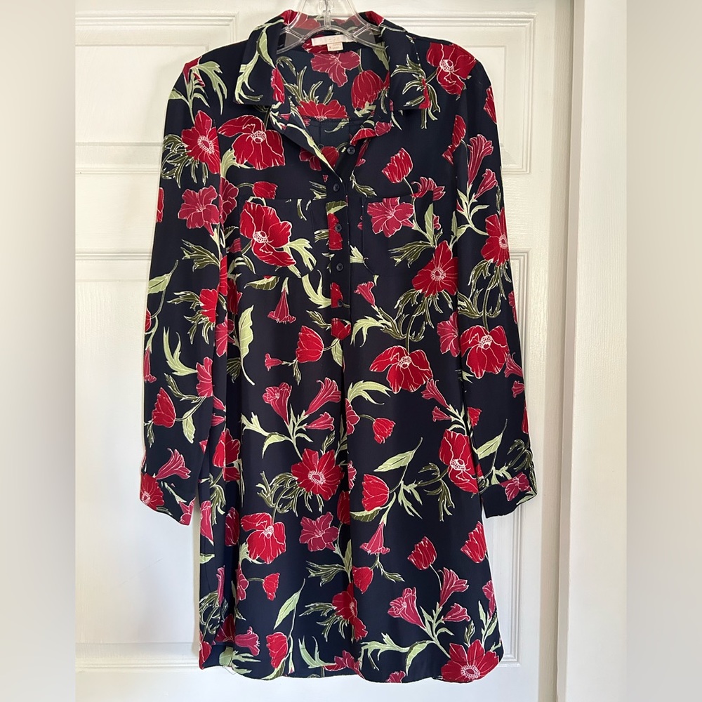 Navy + red floral long sleeves collared dress (c&e brand)